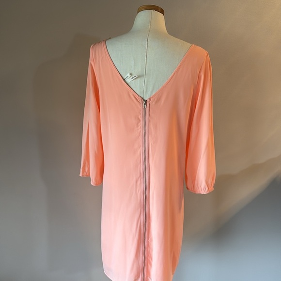 Hello Miss peach shift mini Dress Bishop 3/4 Sleeves long back zipper V back L - Picture 9 of 14